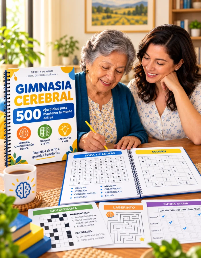 Portada del Kit de 500 Ejercicios de Gimnasia Cerebral: una mujer mayor resuelve una sopa de letras en un cuaderno mientras una acompañante la mira sonriente, con el cuaderno de 500 ejercicios en espiral, un sudoku, un crucigrama, un laberinto y la rutina diaria de la semana