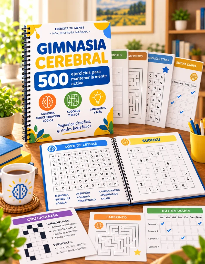 Cuaderno de Gimnasia Cerebral con 500 ejercicios, junto a sus páginas de sopas de letras, sudoku, crucigrama, laberinto y rutina diaria, sobre una mesa de madera con una taza de café